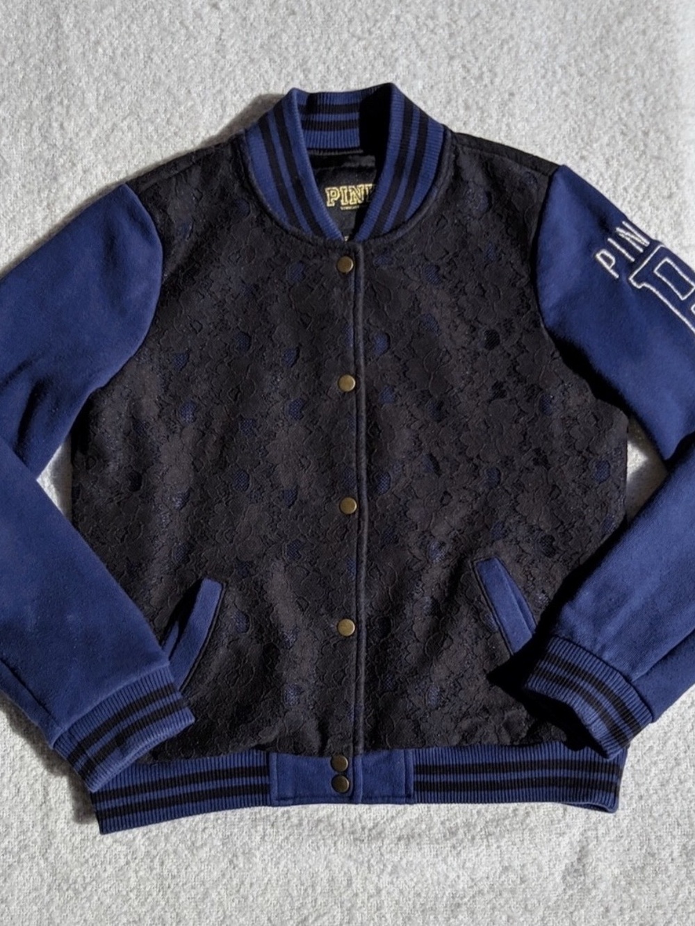 PINK Varsity Jacket in Blue & Black with Lace Embroidery - Size XS